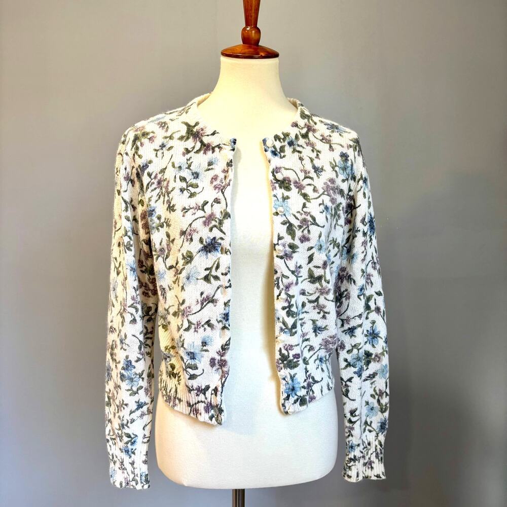 VTG Floral Pearl Button Cardigan Angora Ramie Sweater White Purple Size S